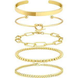 14K Gold Plated Bangle Cuff Bracelet Set for Women Bracelet Stack Adjustable